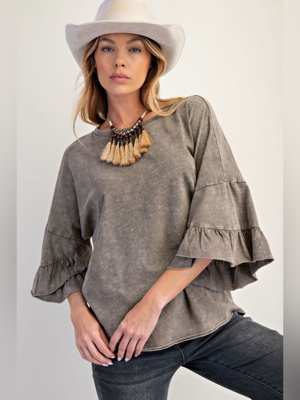 Easel ASH MOCHA ruffle Sleeve top pant lounge set S M L NWT cotton summer grey - Picture 2 of 5